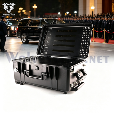 買う 300-500M 10バンドトロリーケース型シグナルジャマー ポータブル対ドローンブロッカー 一時的な高プロファイル高セキュリティイベント向け オンライン製造