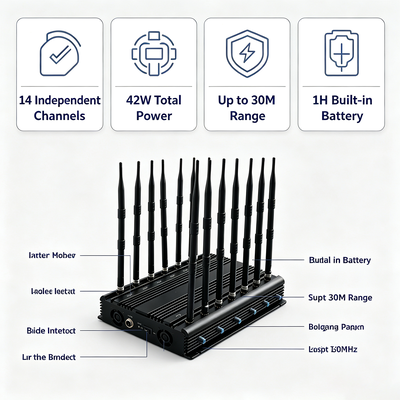 42W デスクトップ 14バンド 無指向性アンテナ付き 信号妨害装置 2G 3G 4G 5G WiFi GPS VHF UHF Lojack用