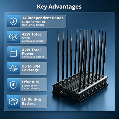 42W 14-Band Desktop RF Jammer with Omnidirectional Antenna for Office Privacy
